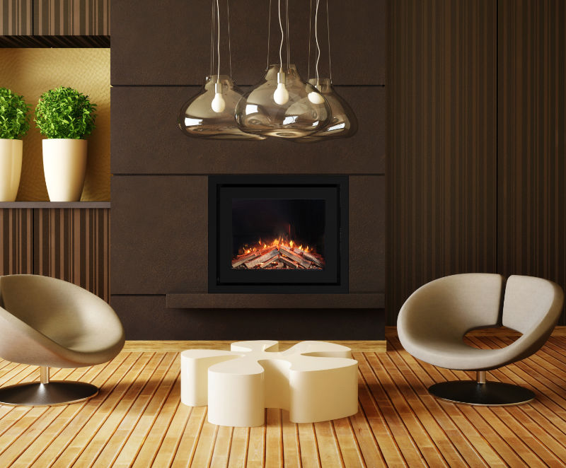 Salon moderne avec cheminée et fauteuils design.