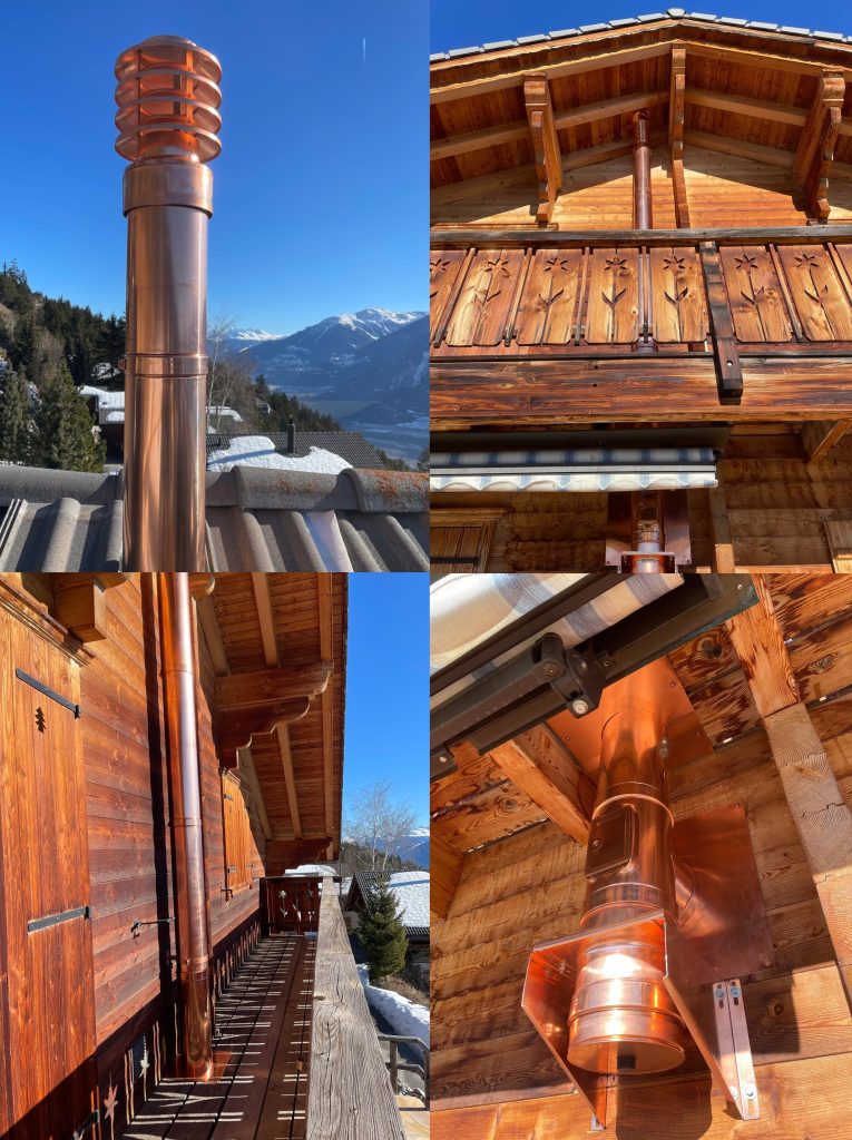 Images de cheminée en cuivre sur chalet en bois.