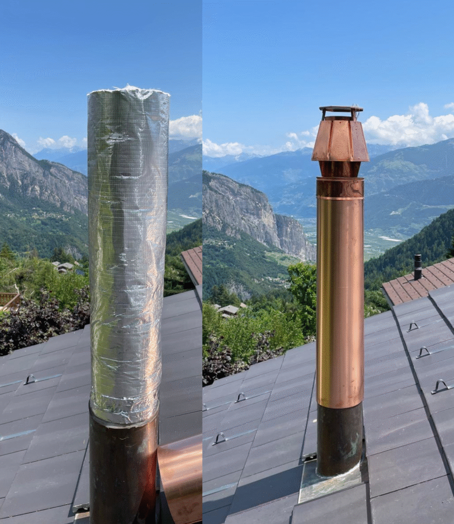 Deux photos de cheminée avec montagne en arrière-plan.