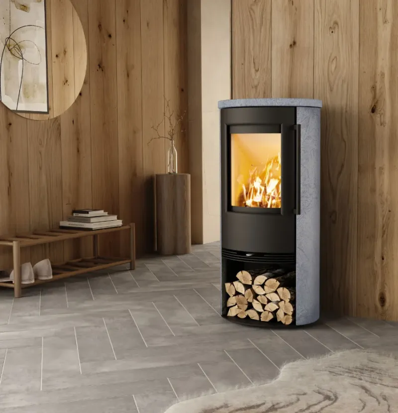 Poêle à bois moderne dans salon en bois.