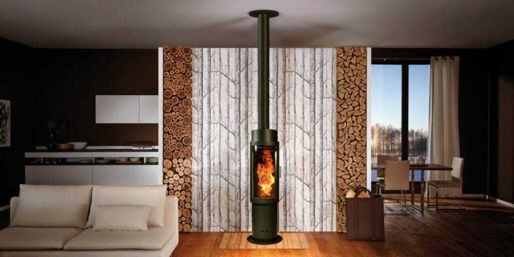 Salon avec poêle à bois moderne et bois empilé.