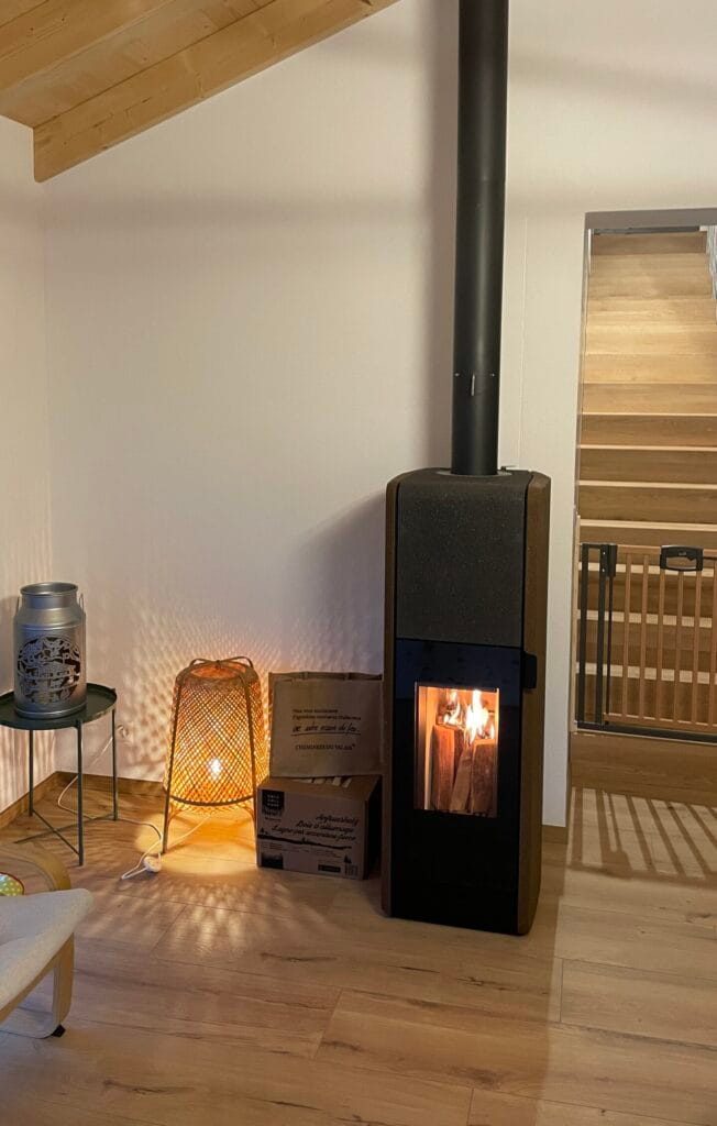 Poêle à bois moderne dans un salon chaleureux.
