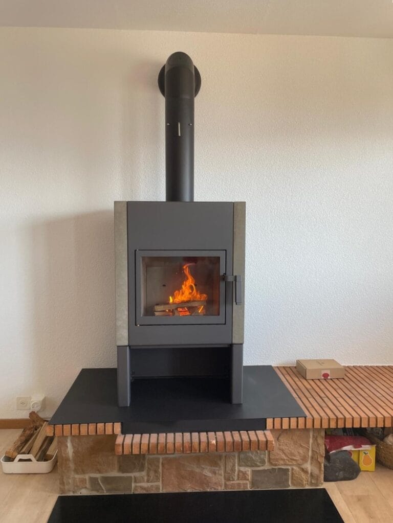 Poêle à bois moderne avec flammes visibles