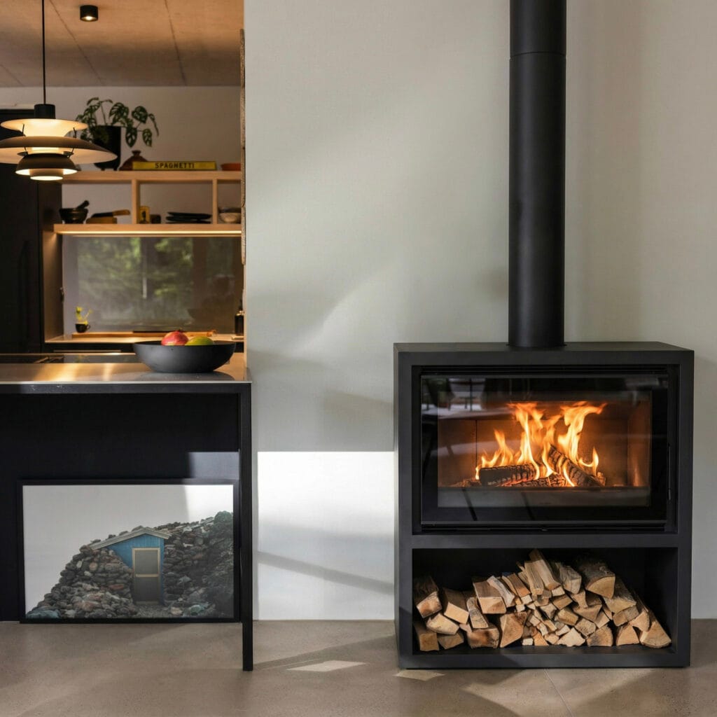 Poêle à bois moderne dans salon cuisine